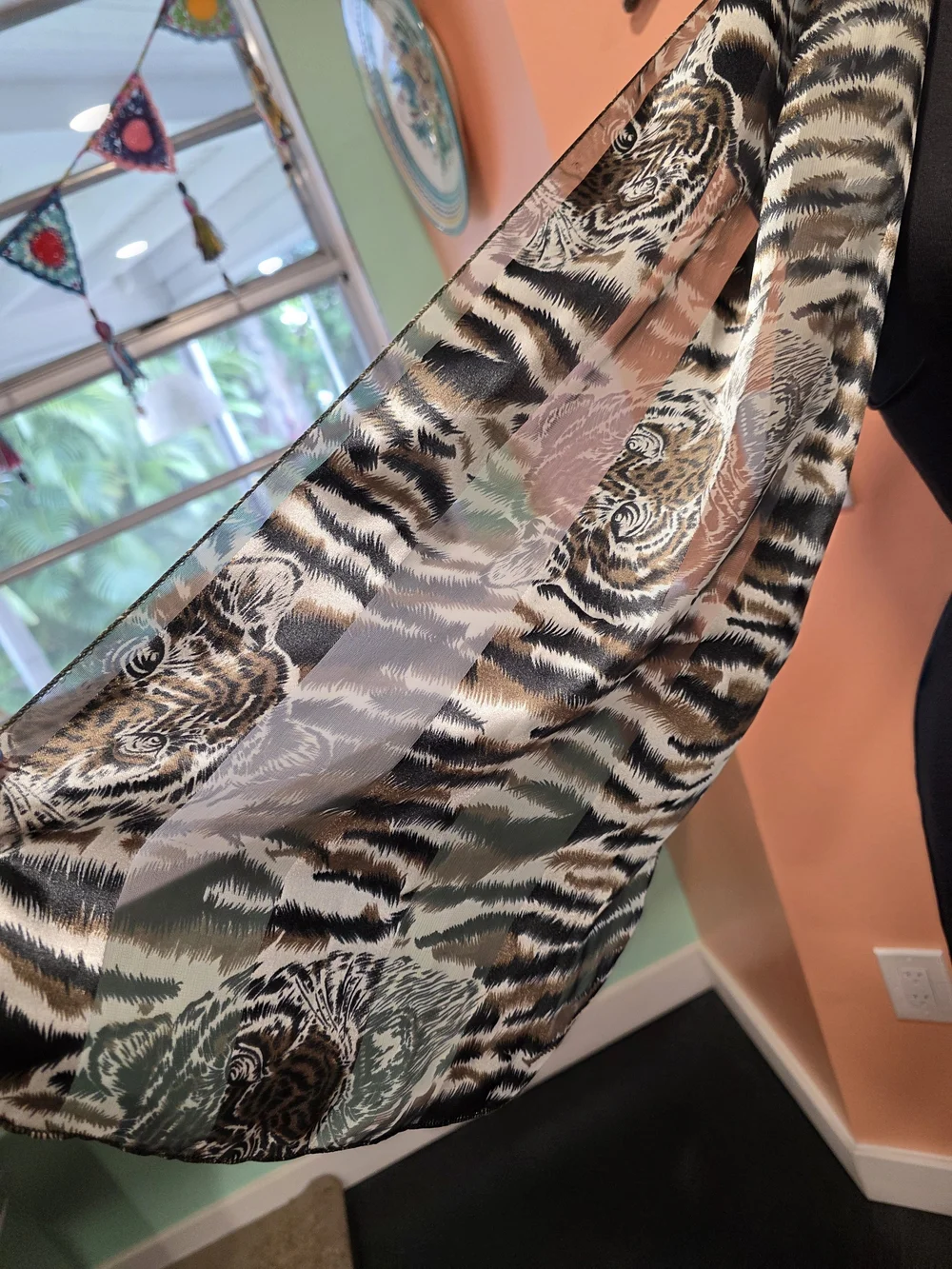 Vintage 90s Tiger Scarf Animal Print Satin Scarf - Black, Brown, Cream